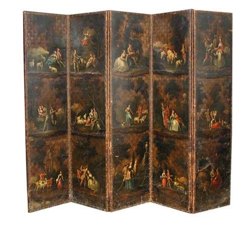 Lot 889 - A large leather five fold painted screen, mid 18th century