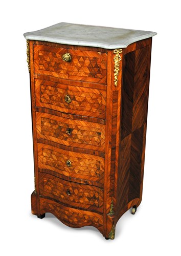 Lot 385 - A French transitional parquetry inlaid kingwood night table