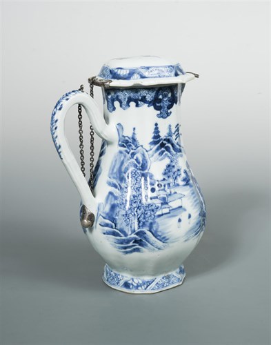 Lot 151 - An 18th century silver mounted blue and white jug with cover