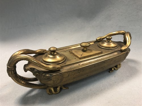Lot 1 - A 19th century gilt metal ink stand, the boat...