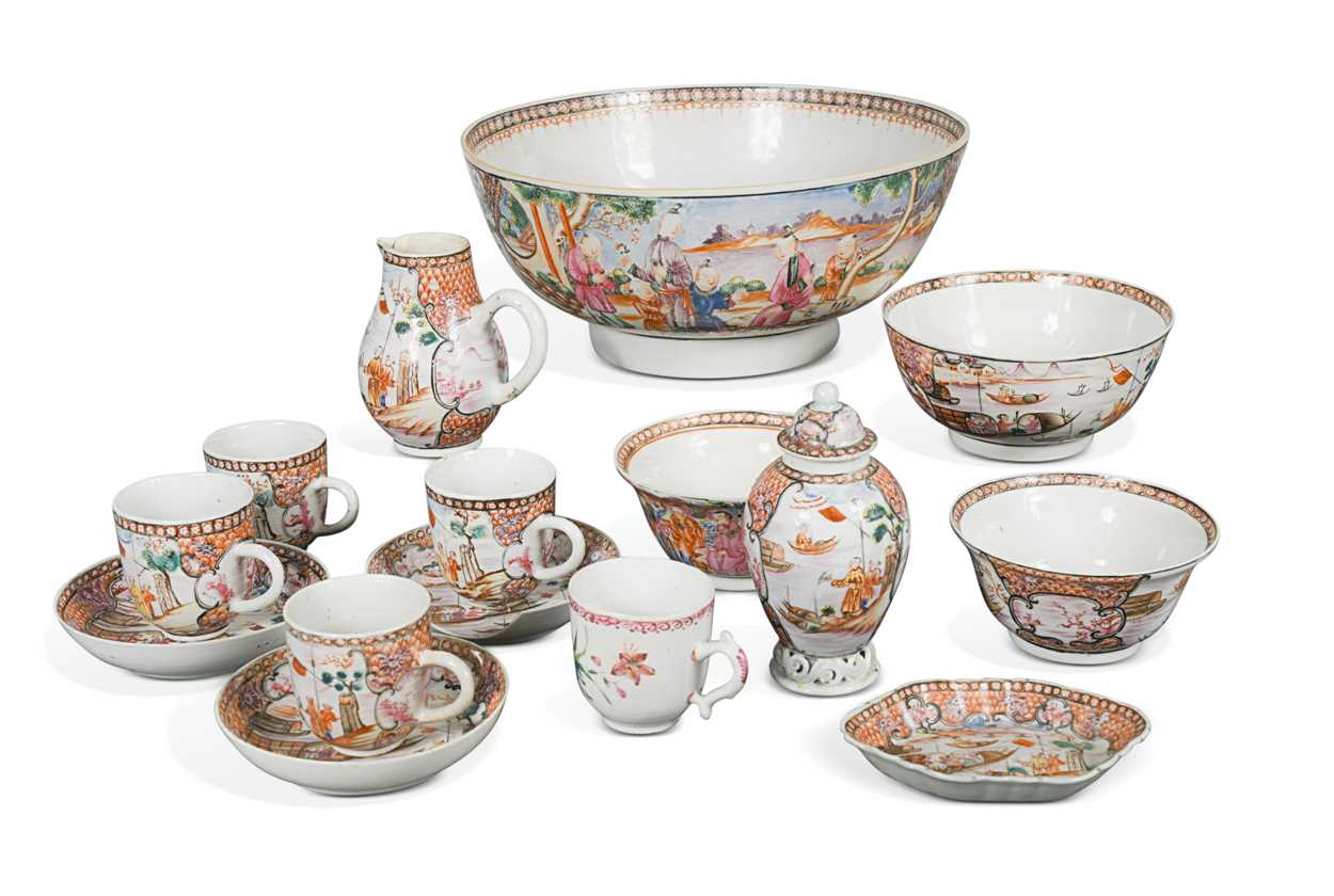 Lot 32 - A collection of Chinese famille rose porcelain Manchu Courtiers tea wares, Qianlong, circa 1780