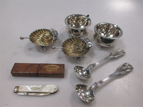 Lot 293 - A pair of silver shell salts and spoons, a...