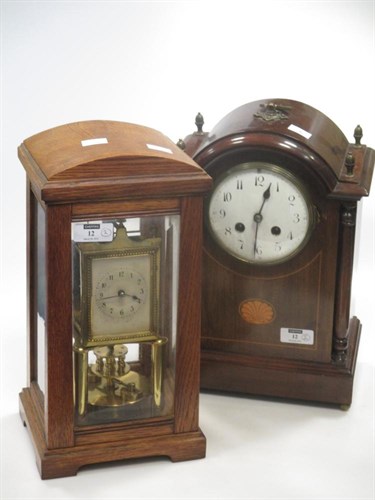 Lot 12 - An Edwardian mahogany mantel clock, and an...