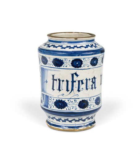 Lot 53 - A Faenza blue and white albarello, circa 1520