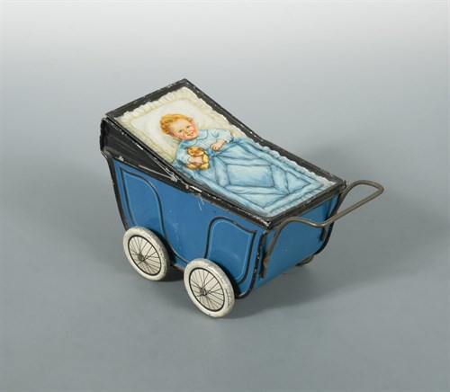 Lot 375 - A Huntley & Palmers biscuit tin in the form of a pram, circa 1930