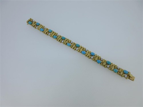 Lot 158 - A French diamond and turquoise set bracelet