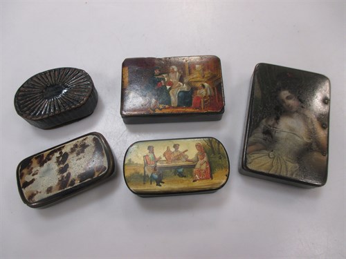 Lot 232 - Five early 19th century papier maché snuff boxes