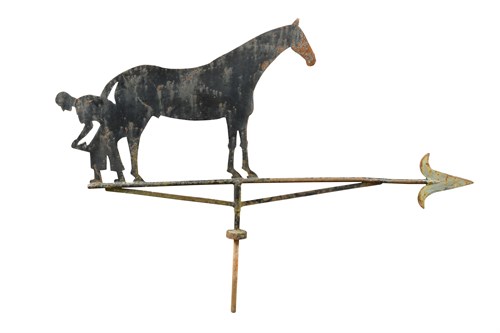 Lot 400 - A painted steel weather vane of a Blacksmith shoeing a horse