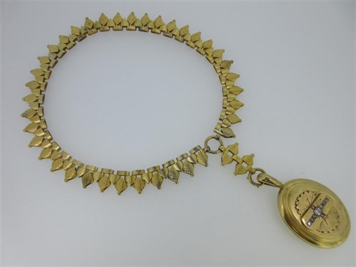 Lot 150 - A bishop's mitre link collar suspending a diamond set locket