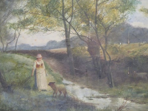 Lot 336 - FREDERICK HINES A shepherdess and sheep by a...