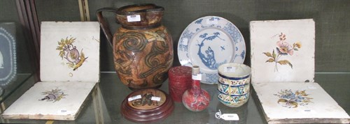Lot 133 - Four Delft tiles, a Delft plate, mug, a small...