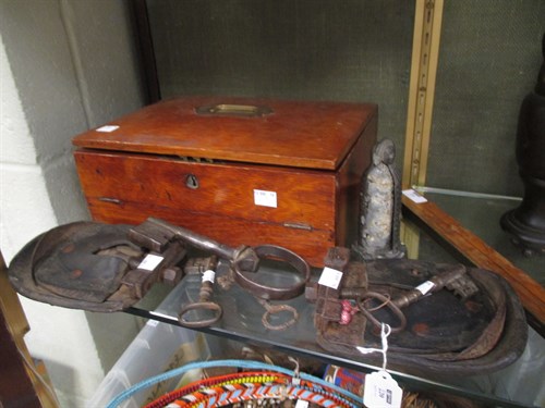 Lot 220 - An oak writing box, a pewter figure, wooden...