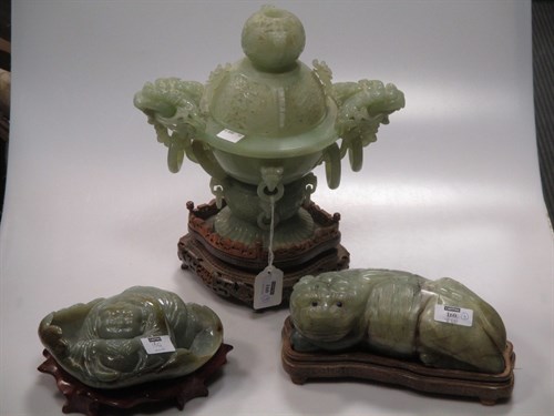 Lot 160 - A modern green Jadeite censer on hard wood...
