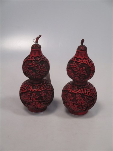 Lot 124 - Pair of cinnabar gourd vases 18cm high approx(2)