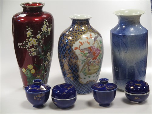 Lot 136 - A Japanese enamel base, two pairs of Chinese...