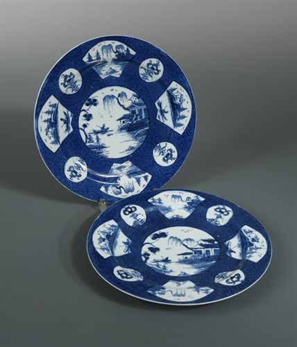 Lot 9 - A pair of Bow powder blue ground plates, circa 1765