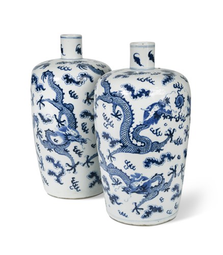 Lot 65 - Two similar blue and white dragon vases, Qing Dynasty, 19th century