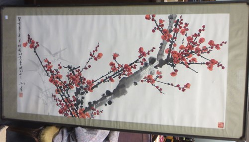 Lot 408 - A Japanese watercolour painting of prunus...