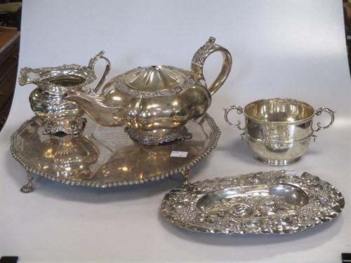 Lot 374 - A silver salver, a silver two handled cup and...