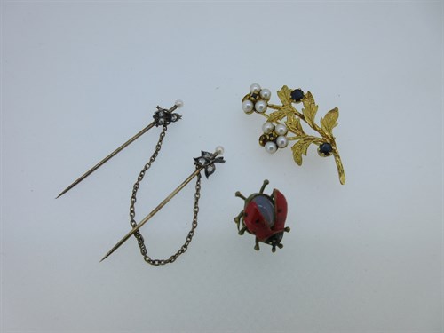 Lot 126 - A gold and gem set spray brooch, together with diamond and seed pearl cloakpins and a ladybird buttonhole