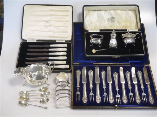 Lot 355 - A cased three piece silver condiment set...