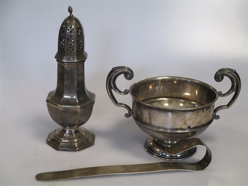 Lot 339 - A silver two handled cup, a silver sugar...