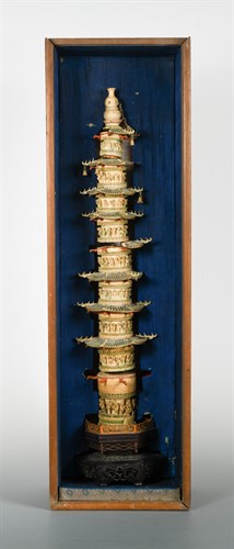 Lot 103 - A Chinese carved and polychrome painted ivory nine storey pagoda, early Republic