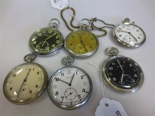 Lot 312 - A collection of six military pocket watches