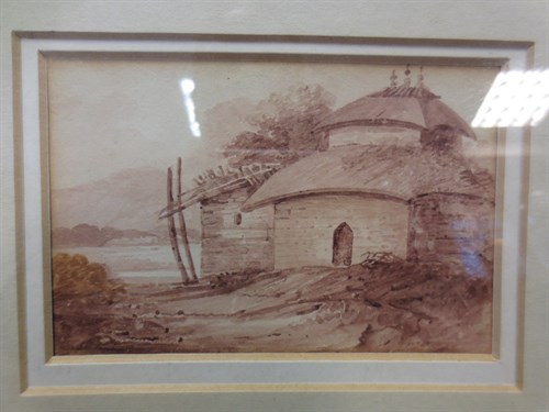 Lot 226 - A brown ink wash sketch of a Hindu temple,...