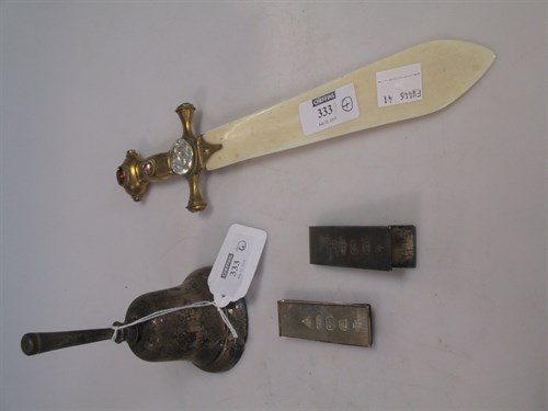 Lot 333 - A silver table bell, 2 silver money clips and...