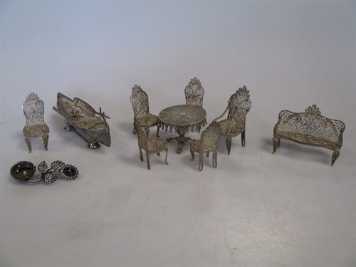 Lot 343 - A Filligree silver miniature suite of seat...