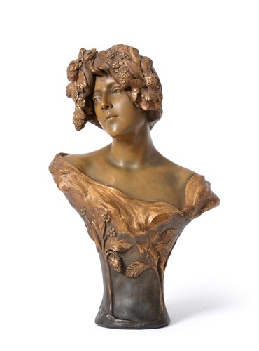 Lot 35 - Cherc for Goldscheider, an Art Nouveau cold painted terracotta bust of a maiden
