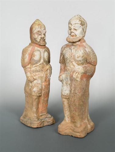 Lot 91 - A pair of large Northern Wei dynasty bearded and armoured warriors