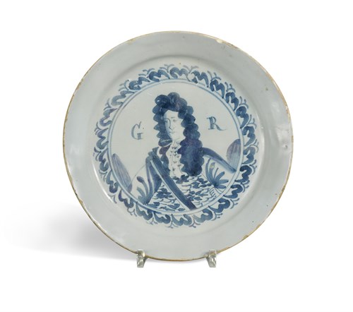 Lot 1 - A Delft blue and white Royal Portrait plate, probably Brislington or Bristol, circa 1714-20