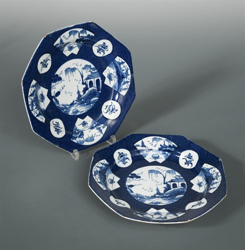 Lot 26 - A pair of Bow blue octagonal plates, circa 1770