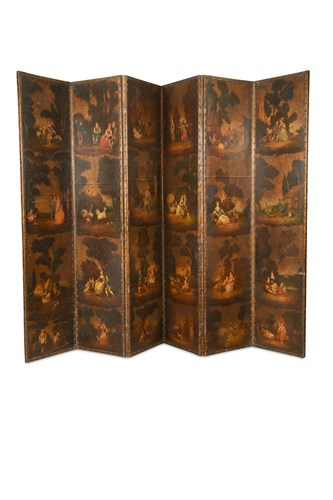 Lot 613 - A late 18th century Dutch painted leather four fold screen