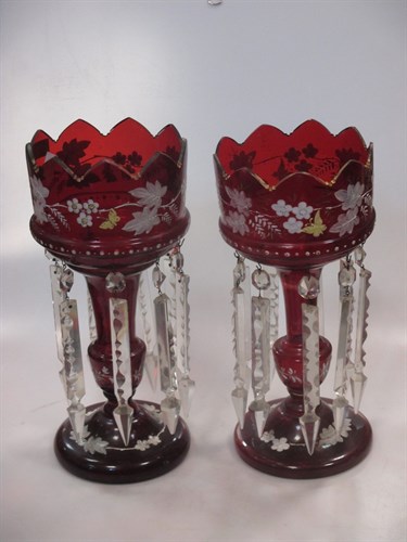 Lot 71 - A pair of Victorian ruby glass lustres,...