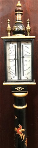 Lot 387 - An 18th century style black lacquered chinoiserie stick barometer