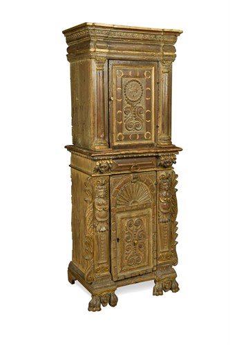 Lot 429 - A 17th century and later Italian carved wood and painted cabinet in two halves