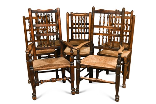 Lot 537 - A harlequin set of eight 18th century Lancashire ash spindleback dining chairs
