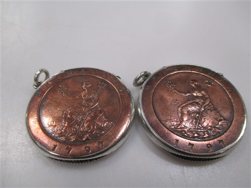 Lot 224 - Four George III cartwheel pennies adapted to...