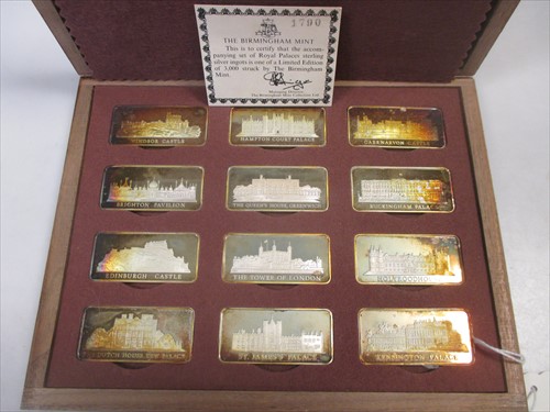 Lot 232 - Set of 12 Birmingham mint silver ingots 'Royal Palaces' and a churchill silver plated dish stamped 925
