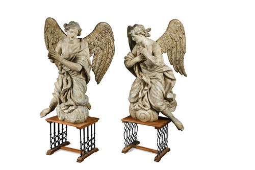 Lot 875 - A large and imposing pair of 17th century style carved and painted angels