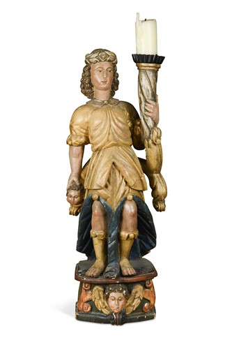 Lot 897 - A carved and polychrome decorated limewood figure of a torch bearer, 18th century