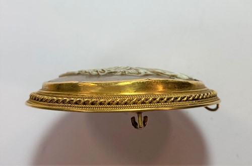 Lot 24 - A shell cameo brooch and a banded agate and pearl set stick pin