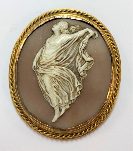 Lot 24 - A shell cameo brooch and a banded agate and pearl set stick pin