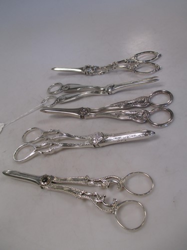 Lot 121 - 5 pairs of Victorian silver grape scissors...