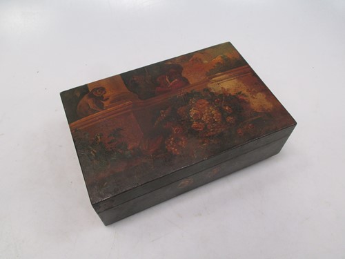 Lot 143 - A painted wooden box decorated with monkeys etc