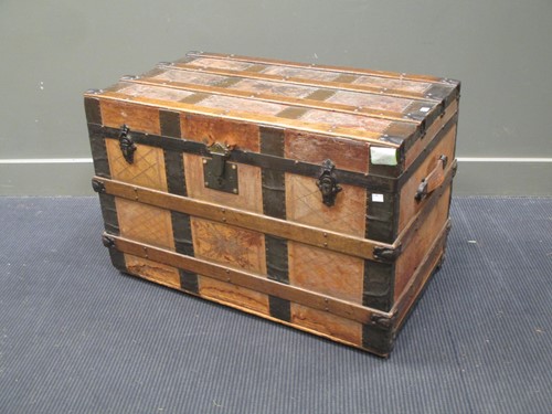 Lot 353 - A leather and wooden board travelling trunk...