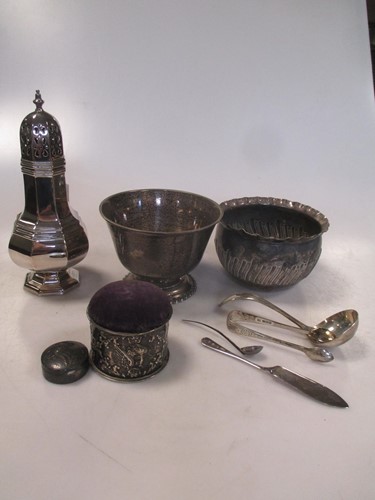 Lot 128 - A silver sugar caster, two silver bowls, a...